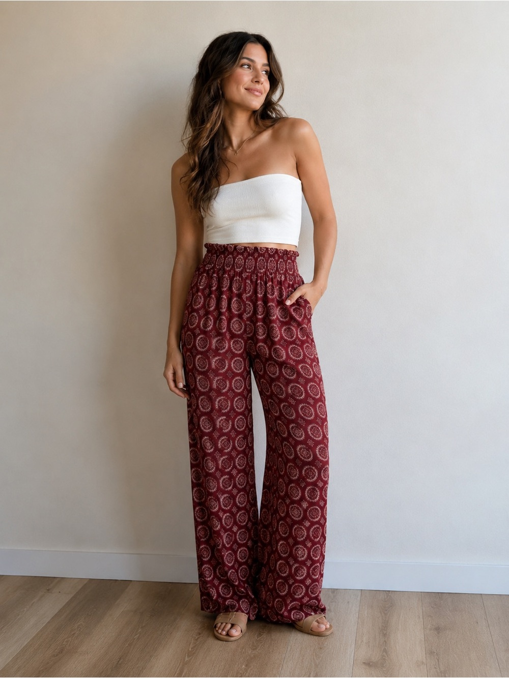 Brandy Melville Burgundy Printed Wide Leg Pants